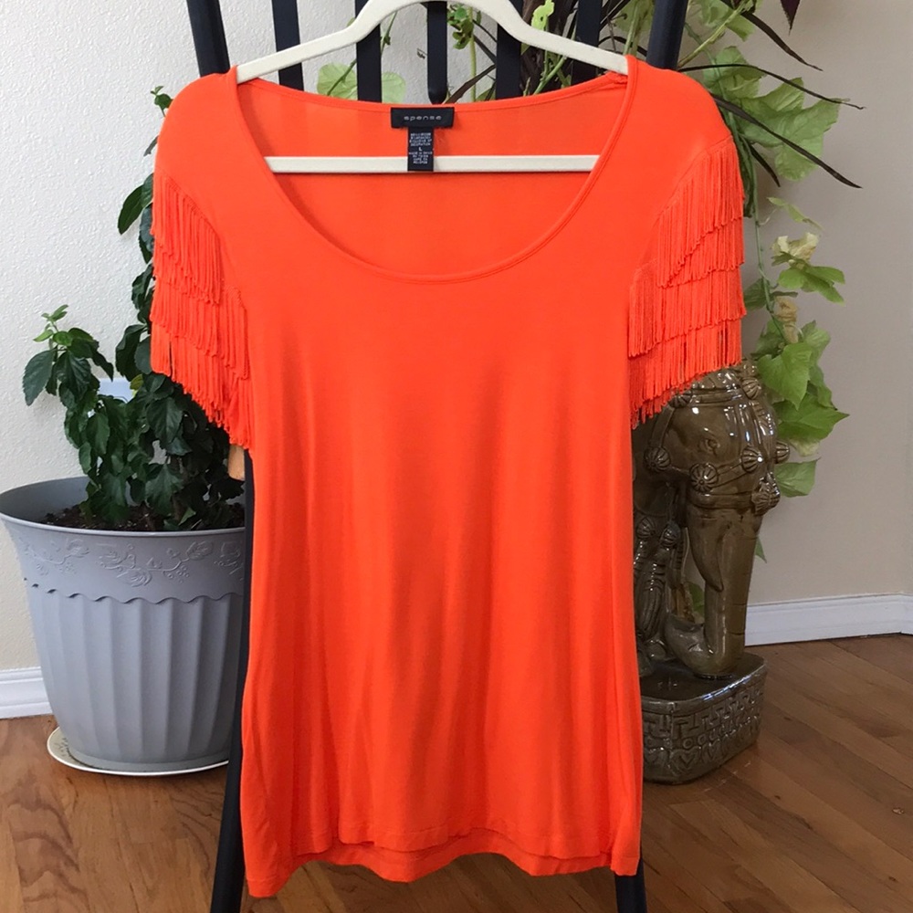 Spence Flirty Fringe shoulder, scoop neck shirt